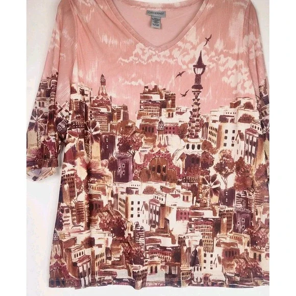 Catherines Womens Blouse Vneck Cityscape Print Bohemian Lined Boho Size 1X - Picture 5 of 8